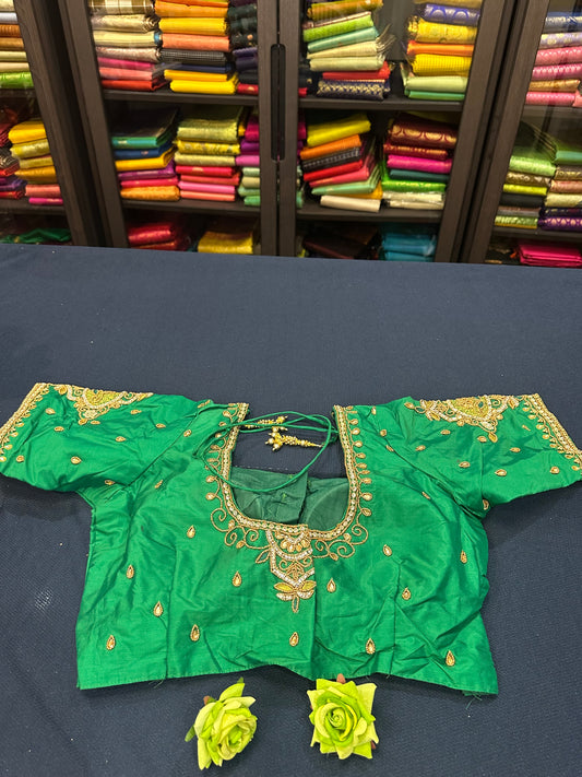 40” Aari hand Worked Sari Blouse Indian Top Choli Silk Green B5