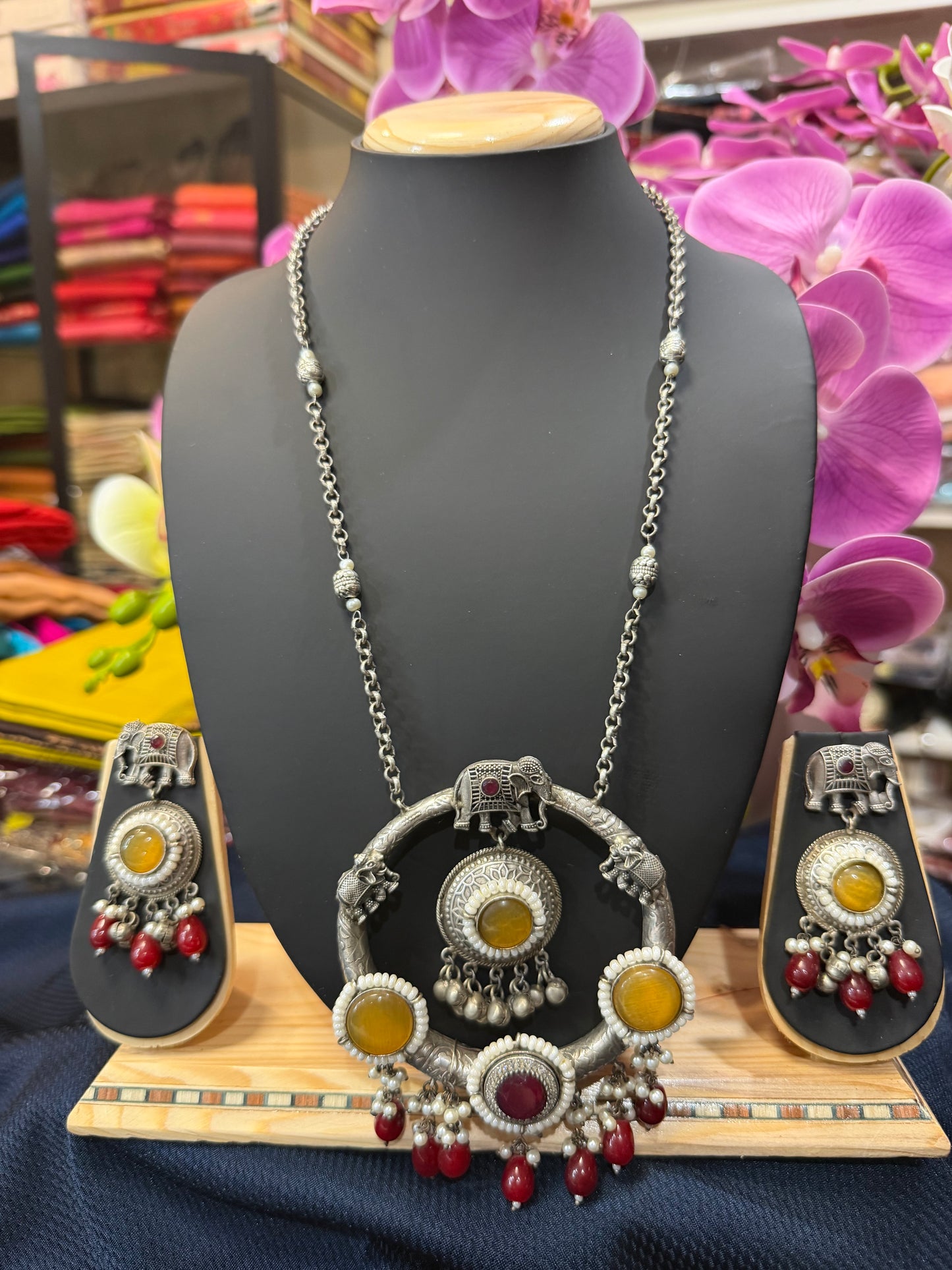 Handmade Brass Necklace with Silver polish Indian Tribal Mustard Maroon  Jewelry N90
