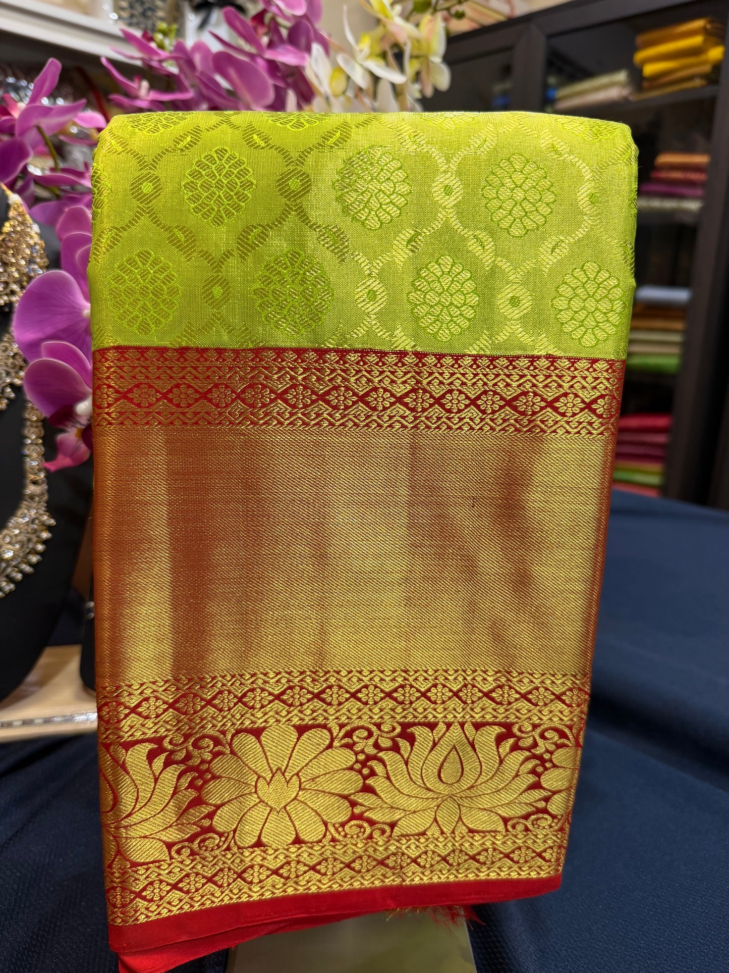 Tissue Bridal Kanchipuram Pure Silk Saree Greenish Yellow & Red Kanjivaram Sari| SPK090