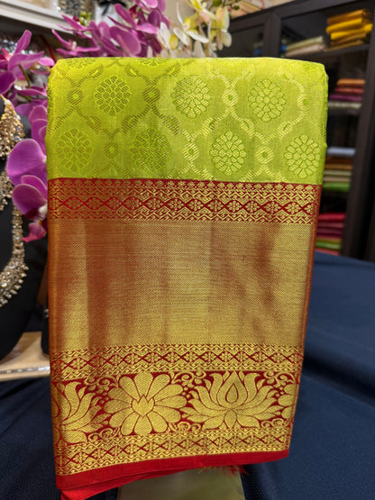 Tissue Bridal Kanchipuram Pure Silk Saree Greenish Yellow & Red Kanjivaram Sari| SPK090