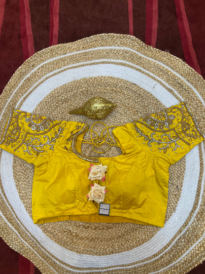 40” Aari hand Worked Sari Blouse Indian Top Choli Silk Yellow B24