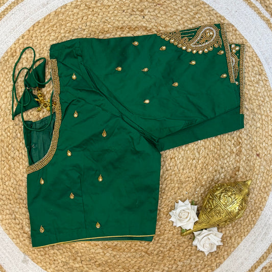 46” Size 16 Aari Worked Sari Blouse Indian Saree Top Silk Bottle Green B226