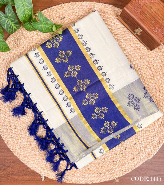 Blue Kerala Vishu Sari Indian Cream Tissue Saree C9 - Col 6
