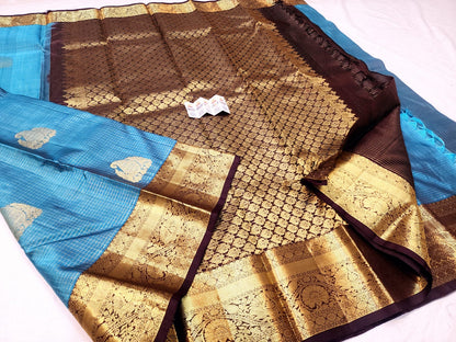 Kanchipuram Pure Silk Saree Bridal Blue Checkered Kanjivaram Sari SPK256