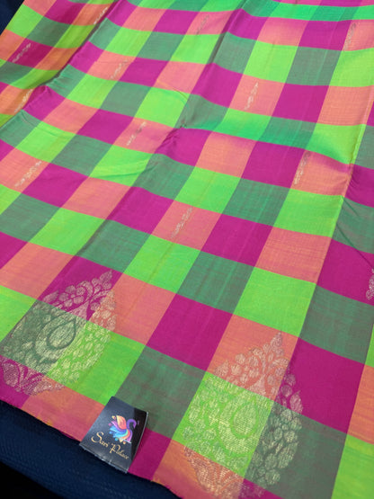 Checkered Kanchipuram Pure Silk Saree Multi Colour Kanjivaram Sari SPK424