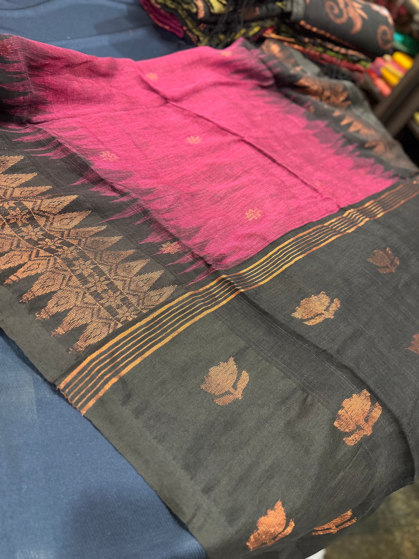 Silk Cotton Linen Sari Indian Saree Copper Jari Green Black S128