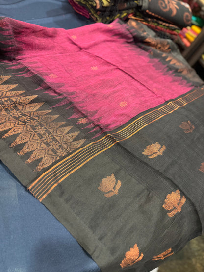 Silk Cotton Linen Sari Indian Saree Copper Jari Green Black S128