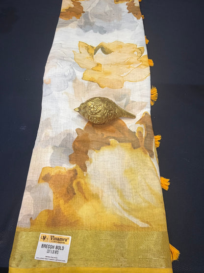 White & Green Digital Printed Linen Sari Indian casual Saree C5