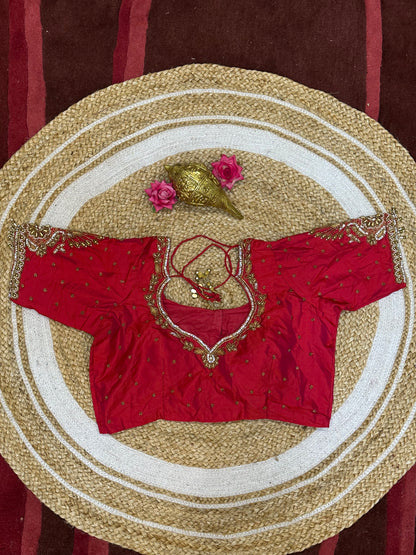 40” Size 10 Aari Worked Sari Blouse Indian Saree Top Silk Red B91