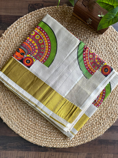Kerala Vishu Sari Indian Cream Tissue hand Printed Onam Saree C7 - Col 6