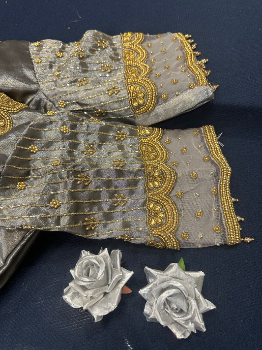 40” Aari hand Worked Sari Blouse Indian Top Choli Silk Metallic Antique Gold B15