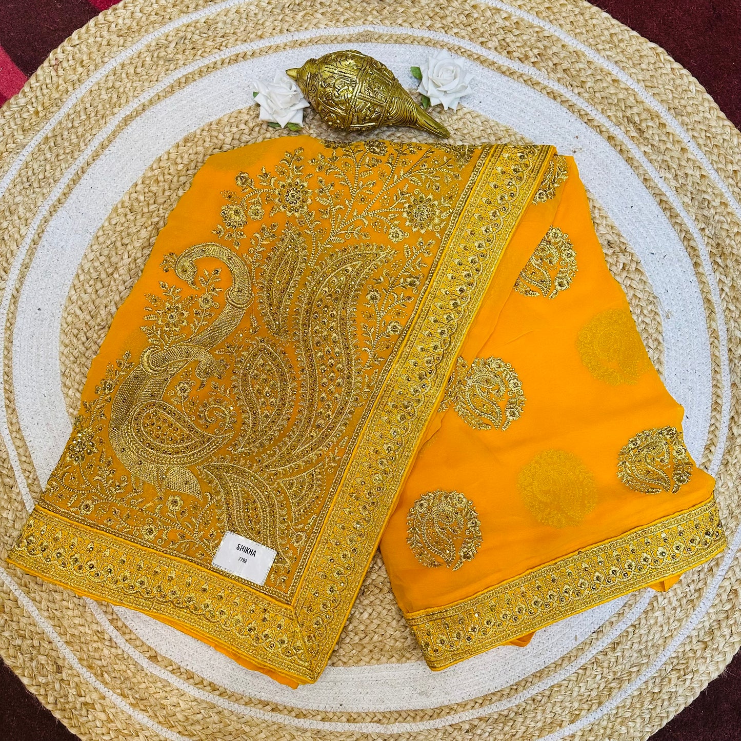 Georgette Sari Indian Fancy Party wear Saree Yellow V3