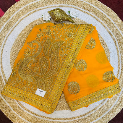 Georgette Sari Indian Fancy Party wear Saree Yellow V3
