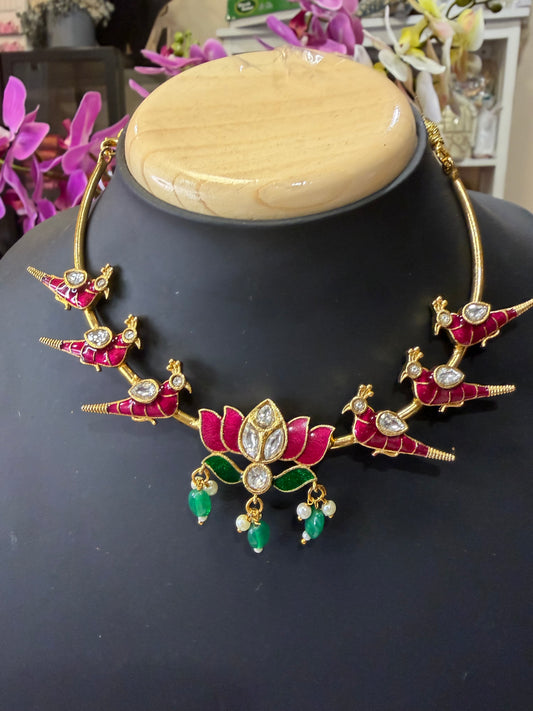Indian Brass Necklace & Earrings Jewellery Set Lotus and Birds N61