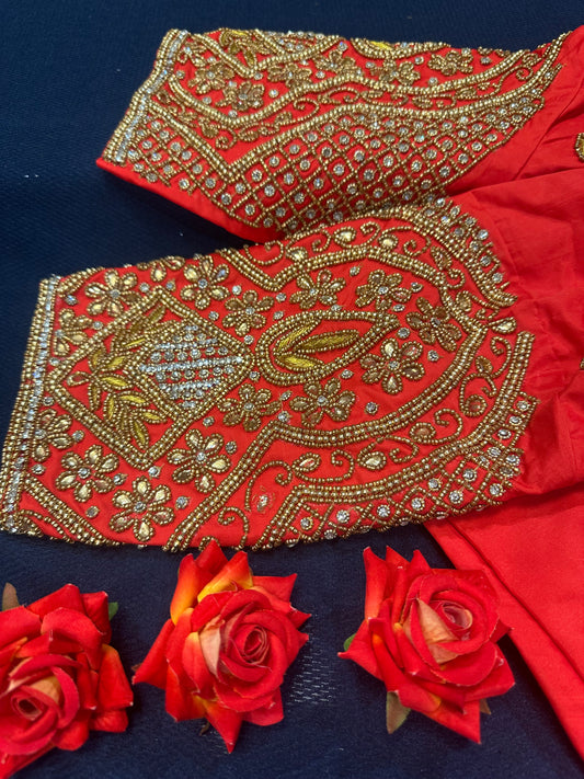 40” Aari hand Worked Sari Blouse Indian Top Choli Silk Red B18