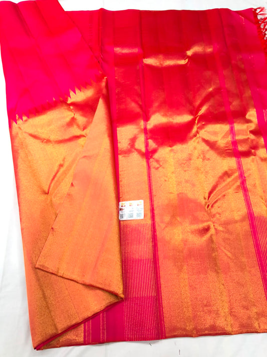 Raising Border Kanchipuram Pure Silk Saree Rani Pink Indian Kanjivaram Sari| SPK353
