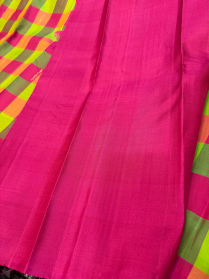 Checkered Kanchipuram Pure Silk Saree Multi Colour Kanjivaram Sari SPK424