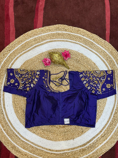 40” Size 10 Aari Worked Sari Blouse Indian Saree Top Silk Blue B96