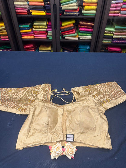 40” Aari hand Worked Sari Blouse Indian Top Choli Silk Gold B7