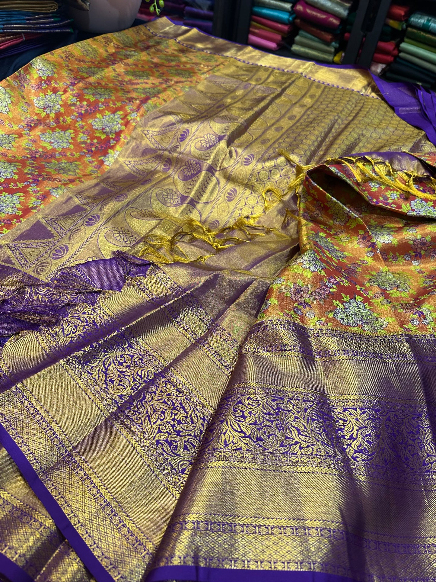 Kanchipuram Pure Silk Bridal Tissue Saree Indian Kanjivaram Floral Sari SPK385