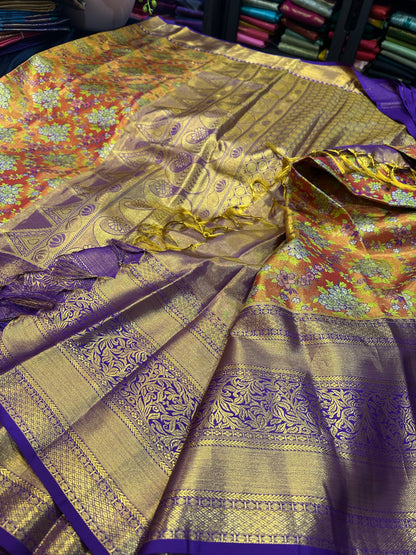 Kanchipuram Pure Silk Bridal Tissue Saree Indian Kanjivaram Floral Sari SPK385