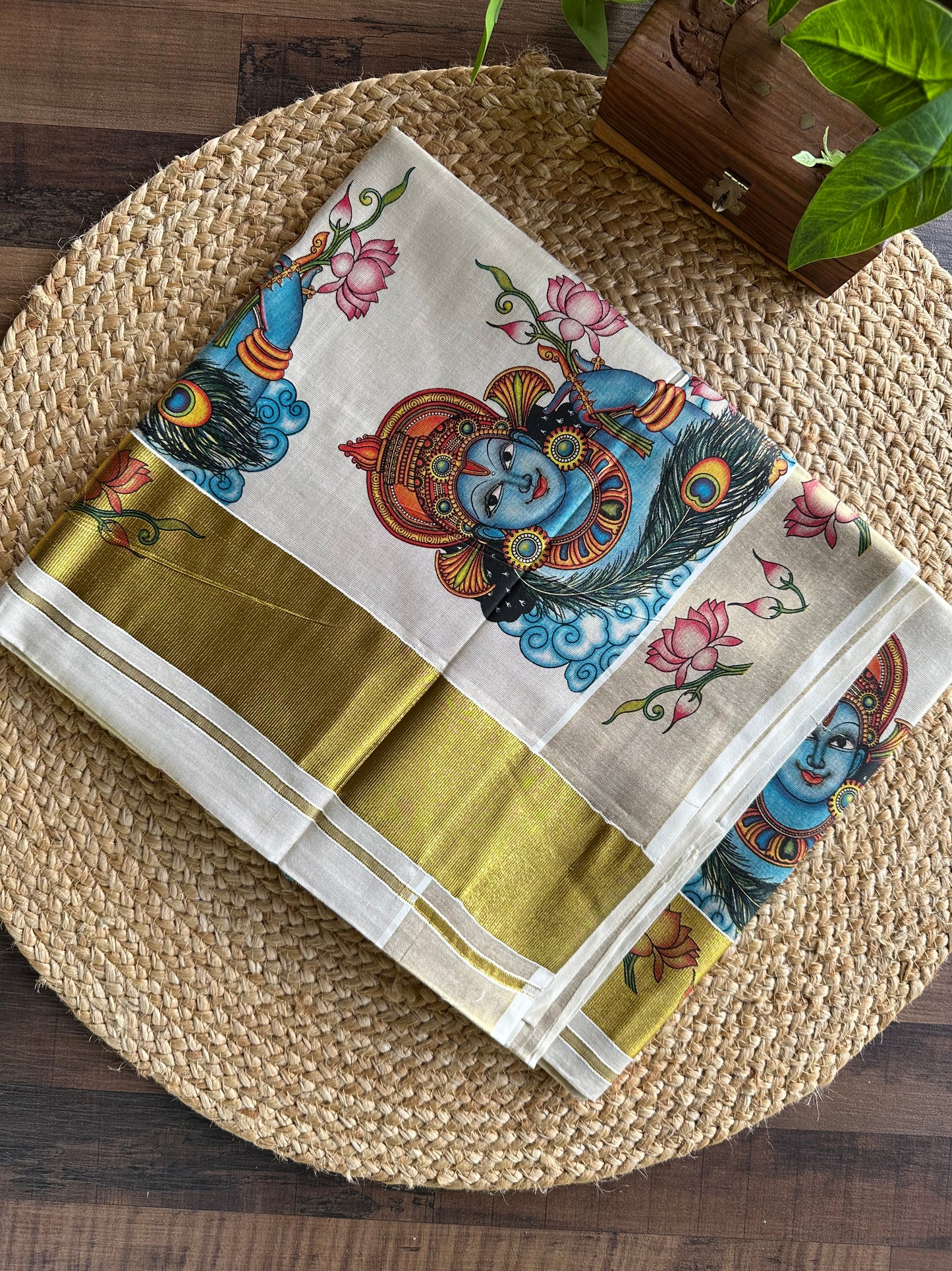 Kerala Vishu Sari Indian Cream Tissue hand Printed Onam Saree C7 - Col 6