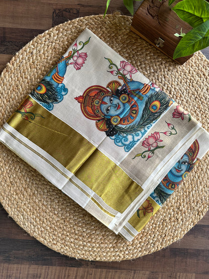 Kerala Vishu Sari Indian Cream Tissue hand Printed Onam Saree C7 - Col 6