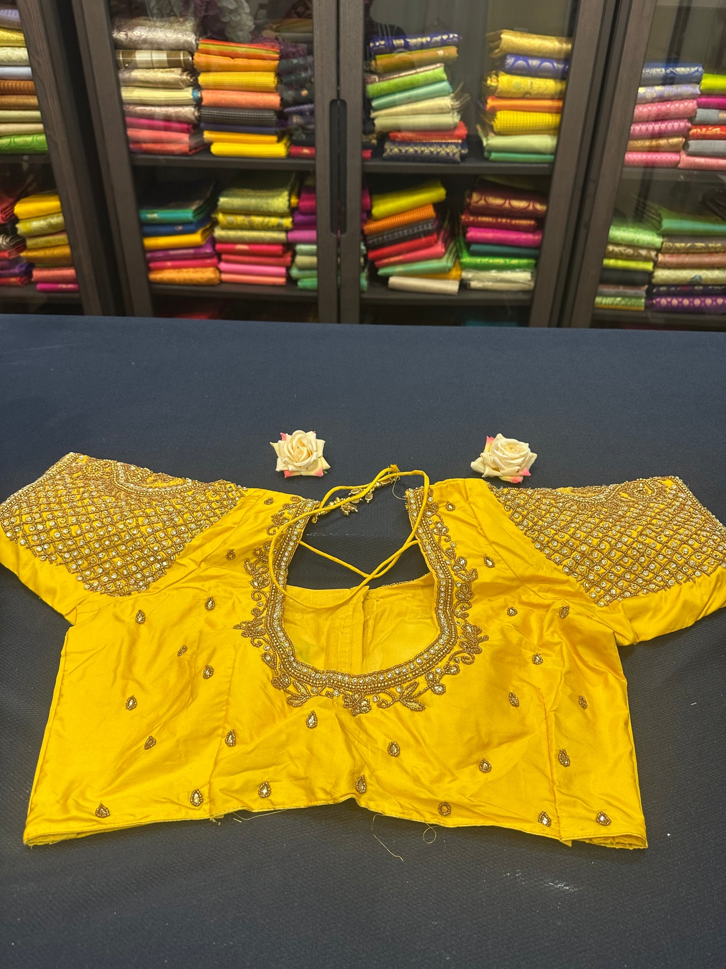 40” Aari hand Worked Sari Blouse Indian Top Choli Silk Yellow B21