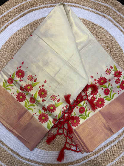 Orange Kerala Vishu Sari Indian Cream Tissue hand Printed Onam Saree C16