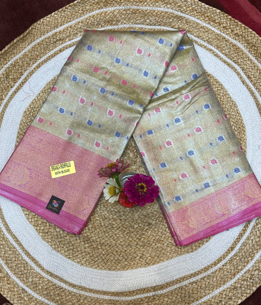 Tissue Silk brocade Sari Indian Fancy Saree Pink & Golden S19