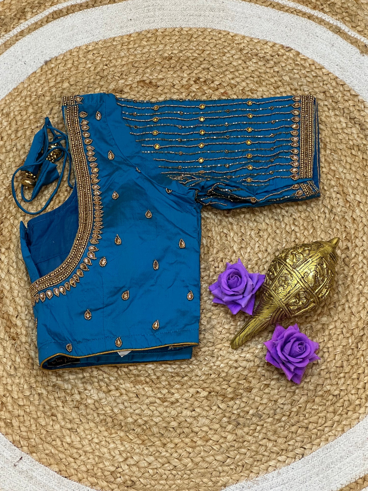 36” Small size Aari Worked Sari Blouse Indian Saree Blue B217