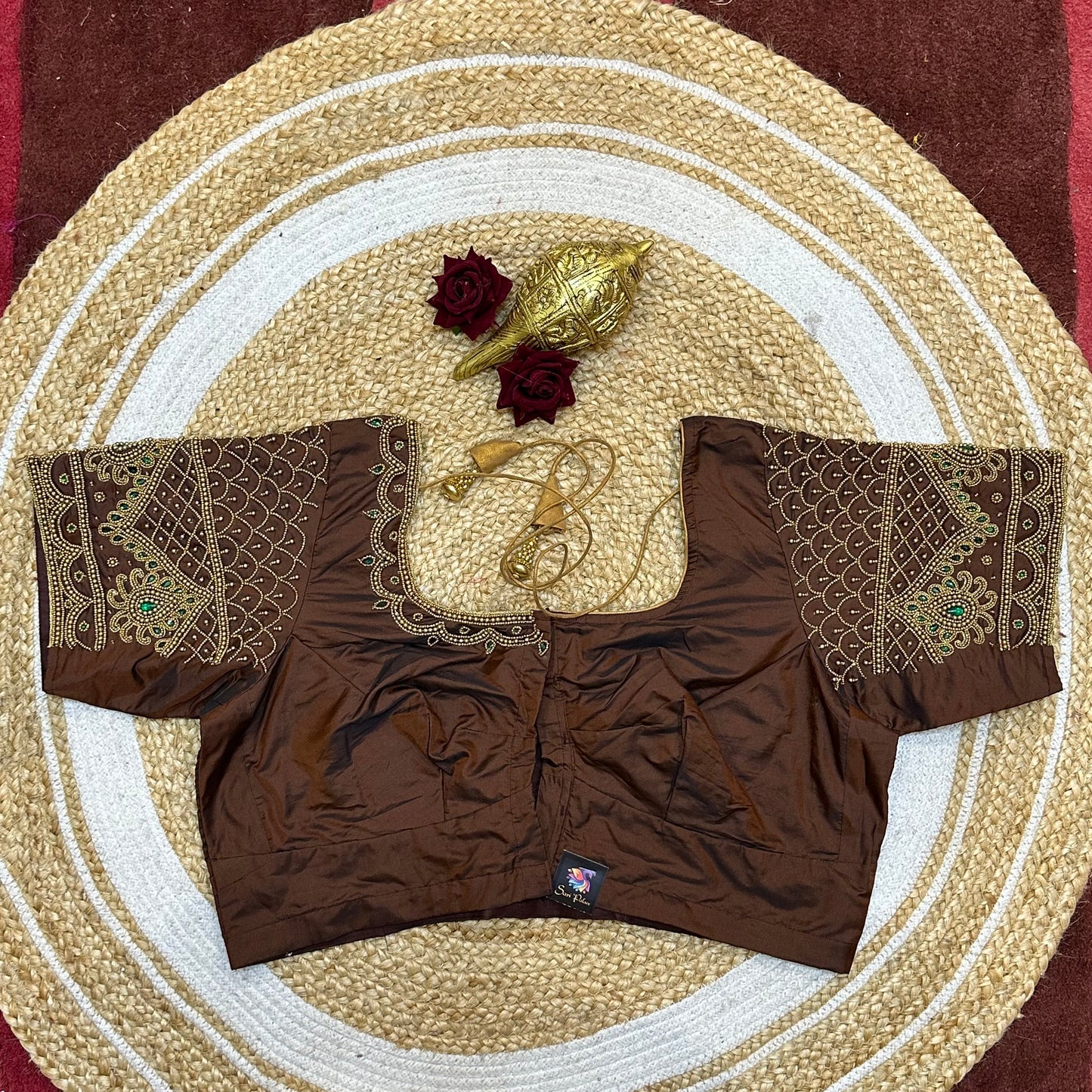 44” Size 14 Aari Worked Sari Blouse Indian Saree Top Silk Brown B258