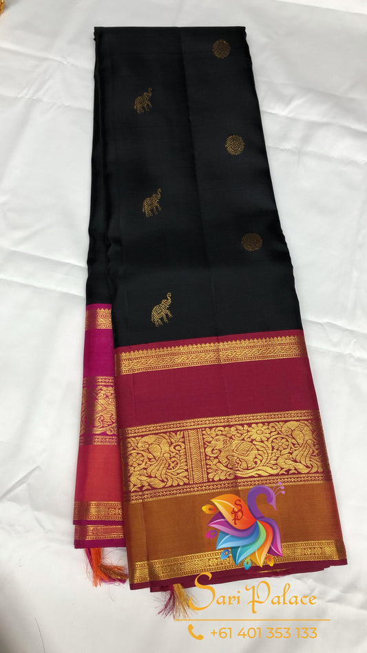 2g Gold Kanchipuram Pure Silk Saree Black Kanjivaram Sari| SPK201
