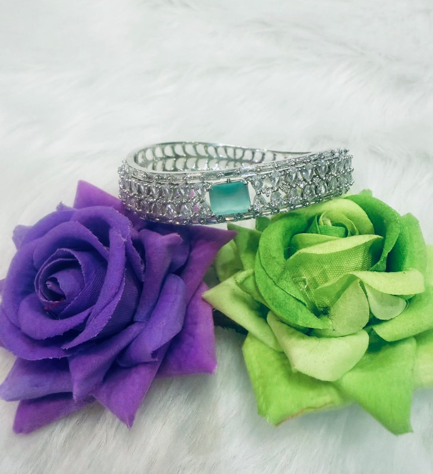 Silver AD Cuff Bangle | Bracelet with Mint Green Colour Stone | BB03