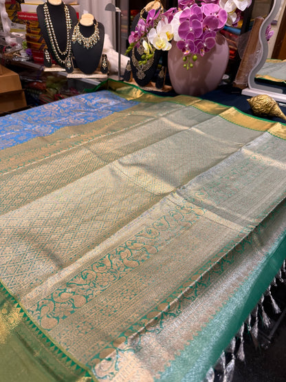 Semi Silk Indian Bridal Tissue Kanjivaram / Kanchipuram Sari Blue Saree SEMI1