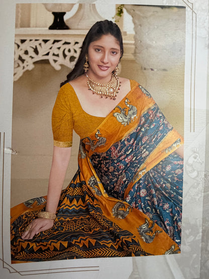 Indian Crape Silk Saree Kalamkari Printed Sari S150
