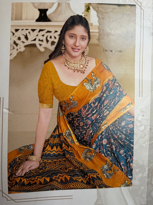 Indian Crape Silk Saree Kalamkari Printed Sari S150