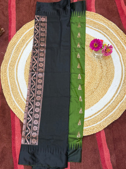 Kalyani checkered Silk Cotton Sari Indian Saree Green & Black S7