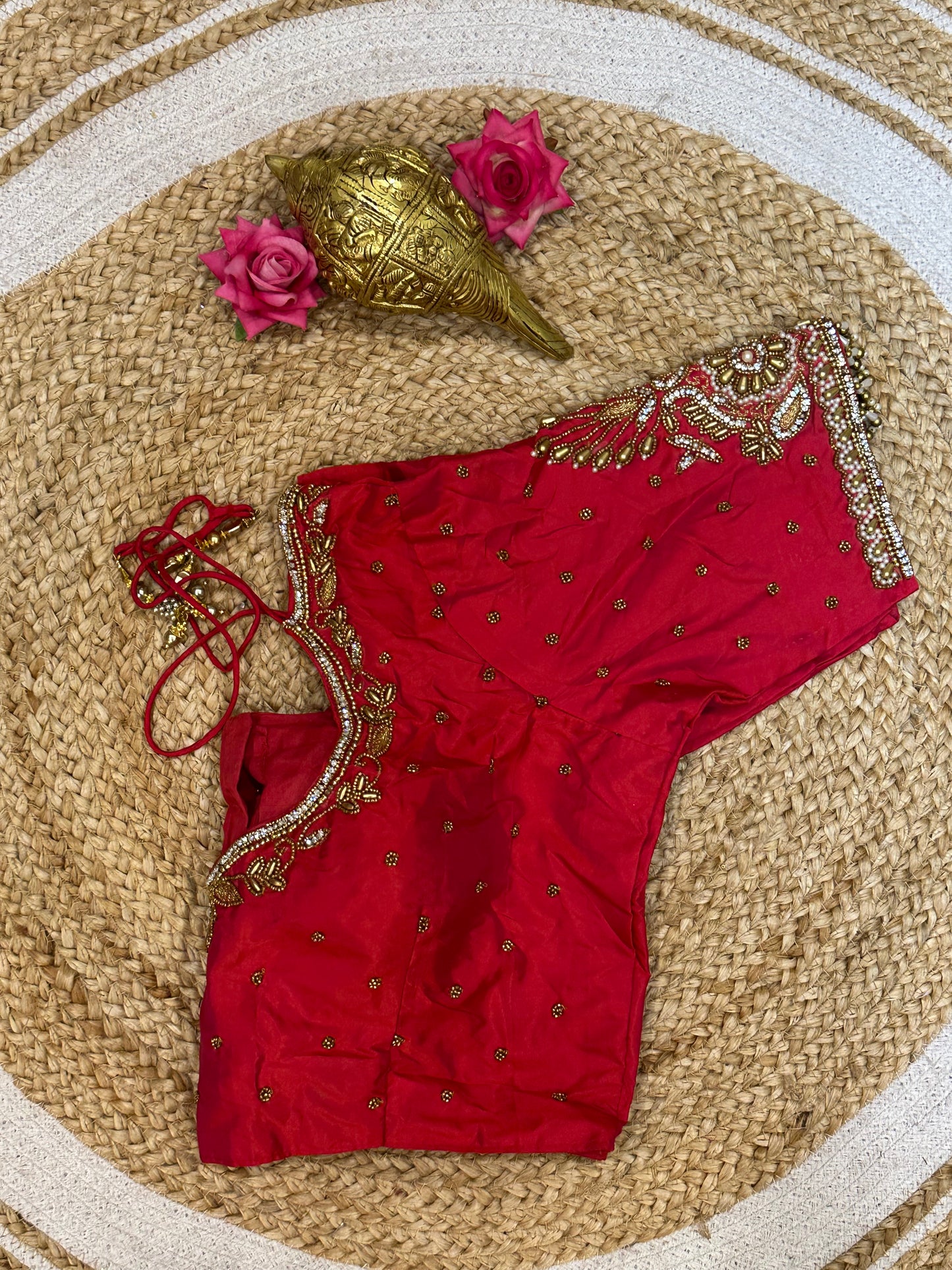 40” Size 10 Aari Worked Sari Blouse Indian Saree Top Silk Red B91