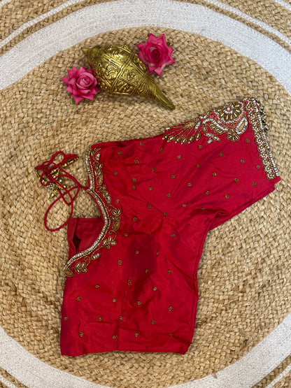 40” Size 10 Aari Worked Sari Blouse Indian Saree Top Silk Red B91