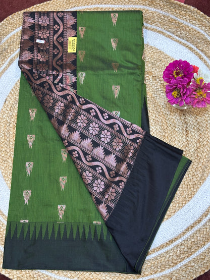 Kalyani checkered Silk Cotton Sari Indian Saree Green & Black S7