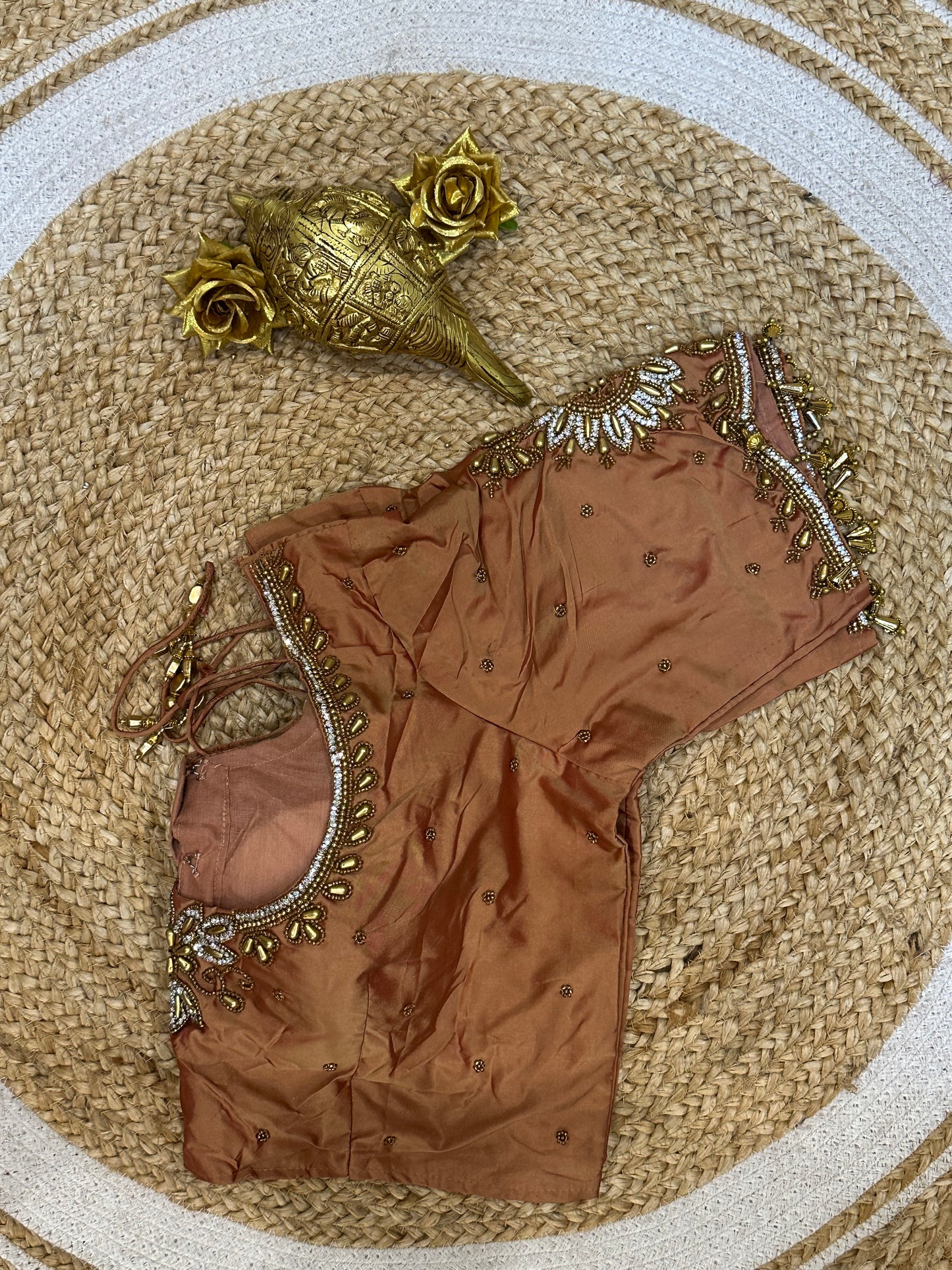 40” Size 10 Aari Worked Sari Blouse Indian Saree Top Silk Light Copper B78