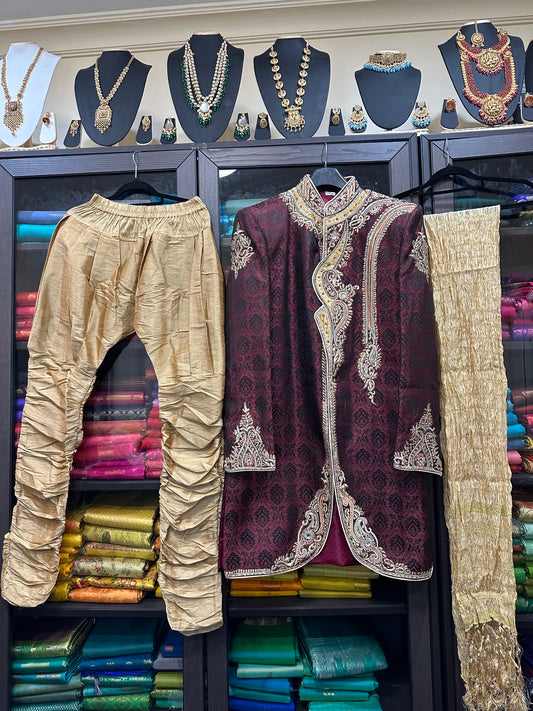 40” Large size Men’s Kurta Indian Gold & Maroon Sherwani Bollywood outfit M10