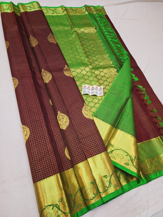 Kanchipuram Pure Silk Saree Brown & green with Gold Kanjivaram Sari| SPK122