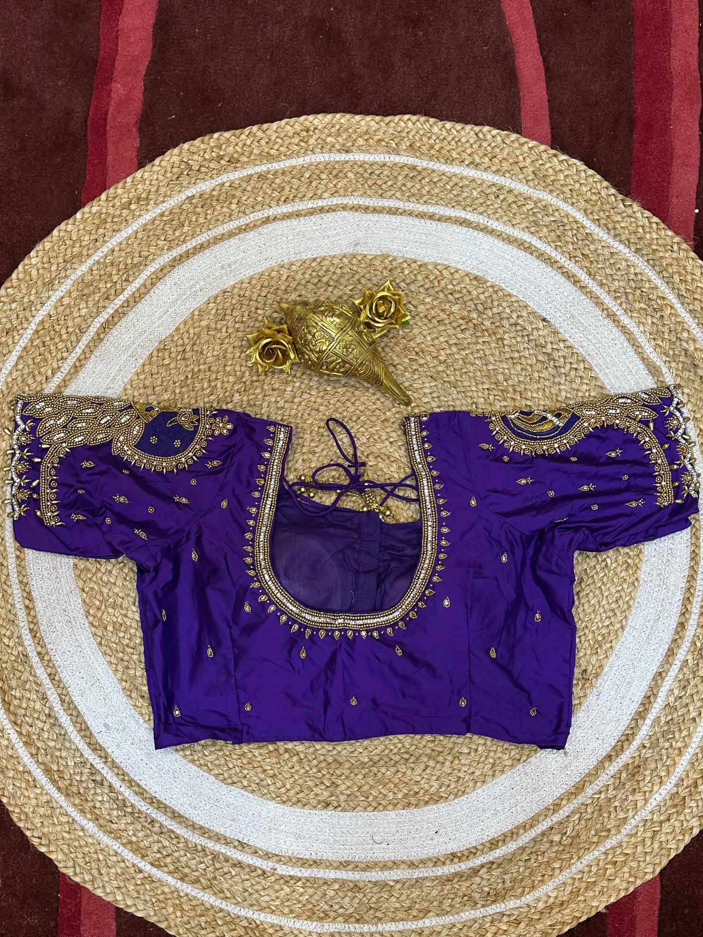 40” Size 10 Aari Worked Sari Blouse Indian Saree Top Silk Purple B76