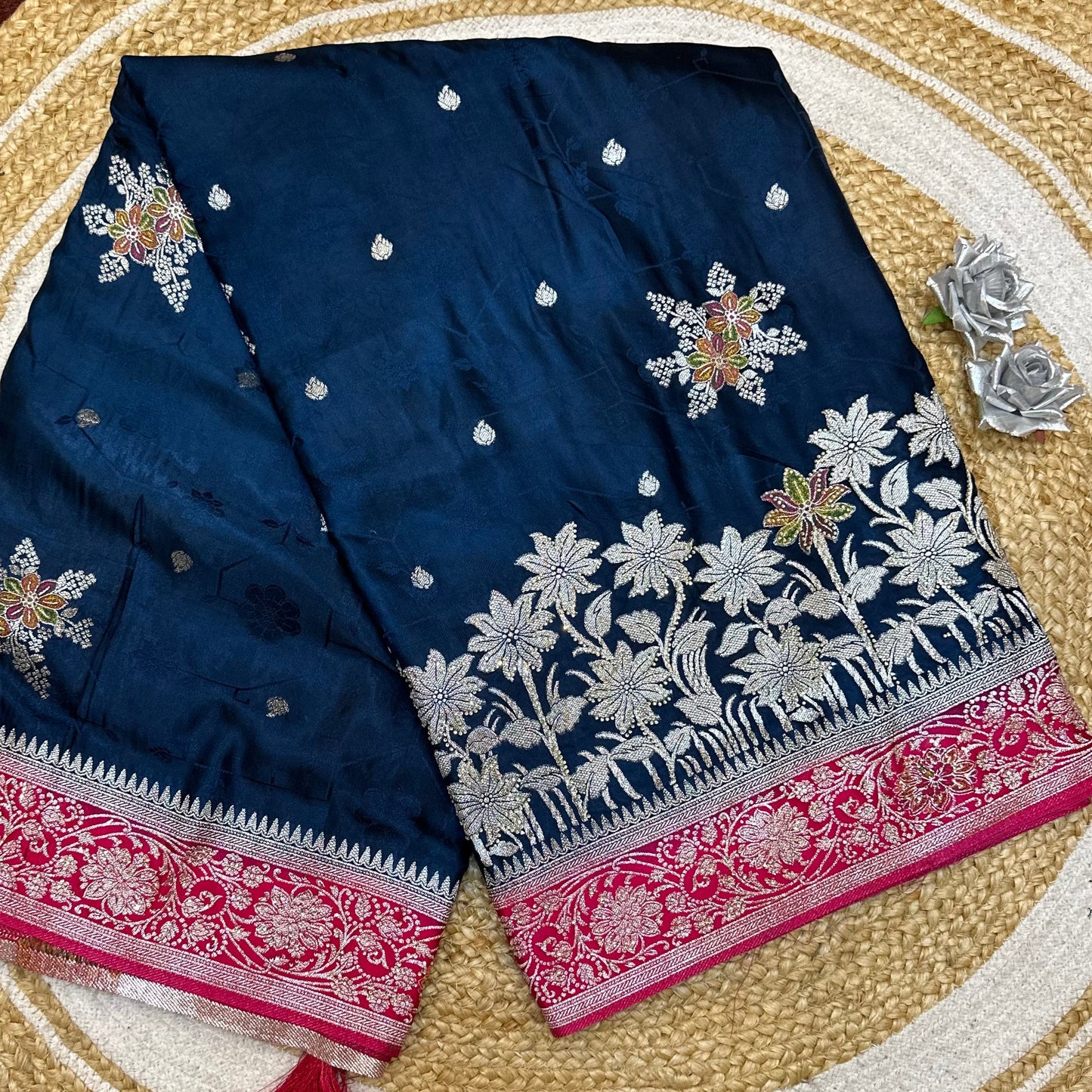 Blue Pink Sari Indian Fancy Stonework Party wear Silk Saree S145