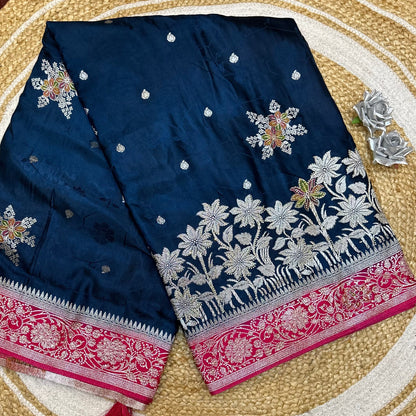 Blue Pink Sari Indian Fancy Stonework Party wear Silk Saree S145