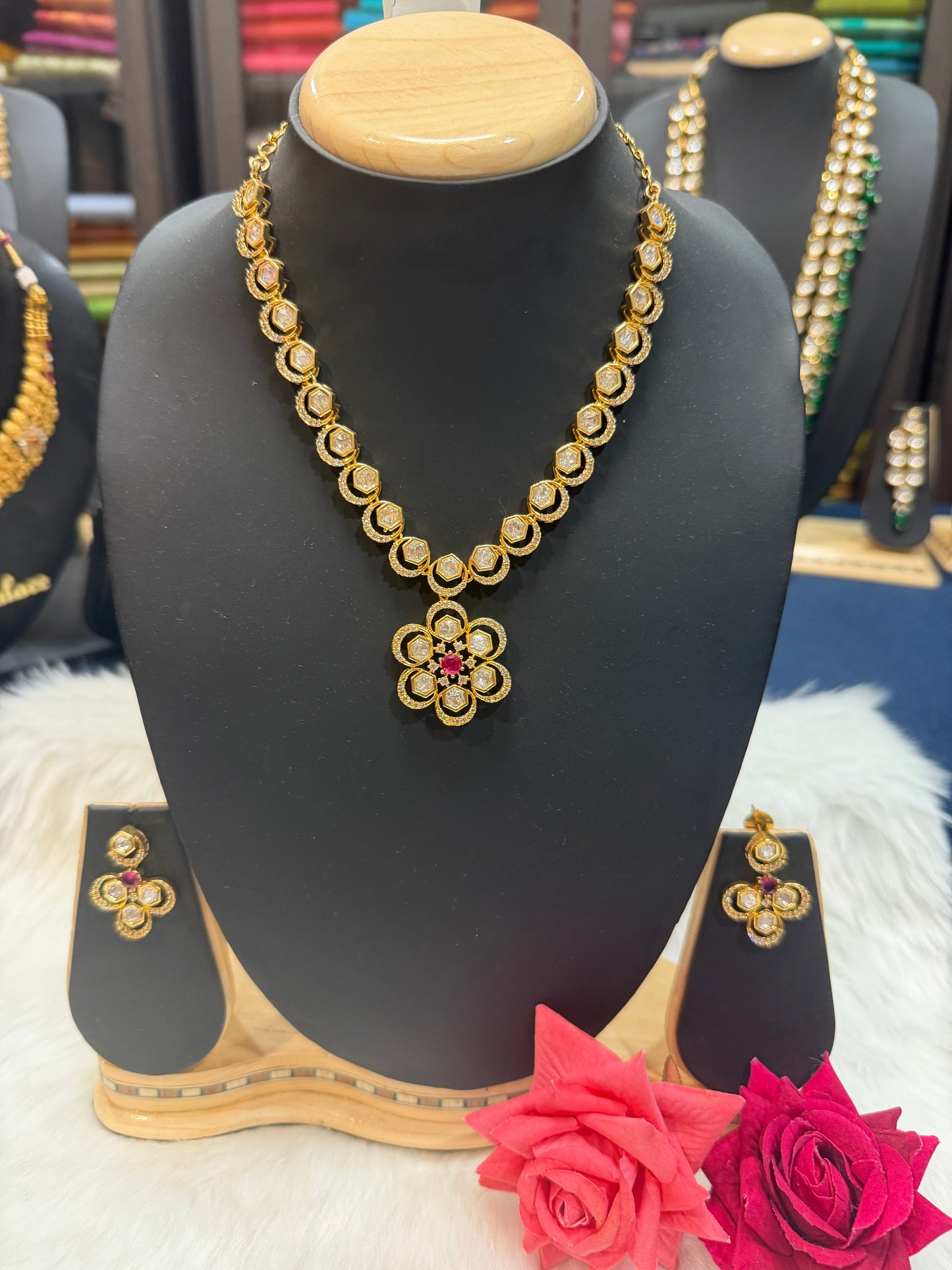 1 gram Gold Indian Necklace and Earrings set Ruby & White stones N6
