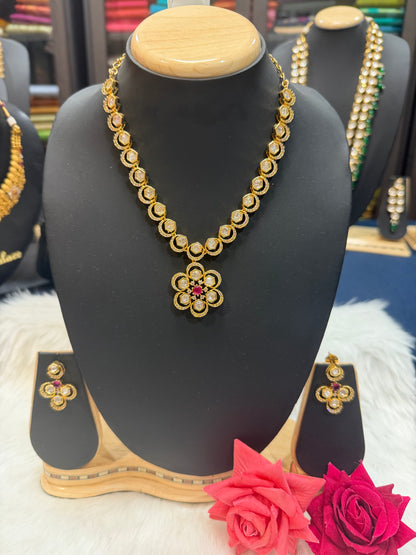 1 gram Gold Indian Necklace and Earrings set Ruby & White stones N6