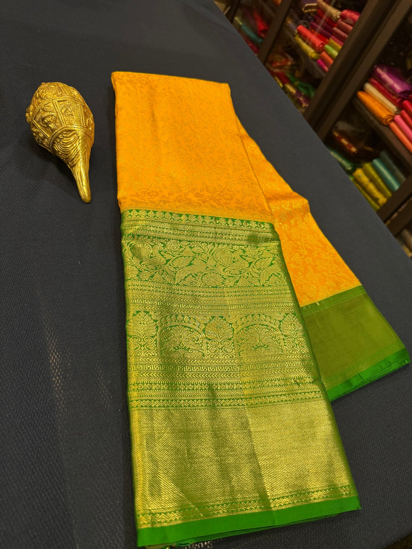 Kanchipuram Pure Silk Saree Yellow & Green Kanjivaram Sari| SPK087